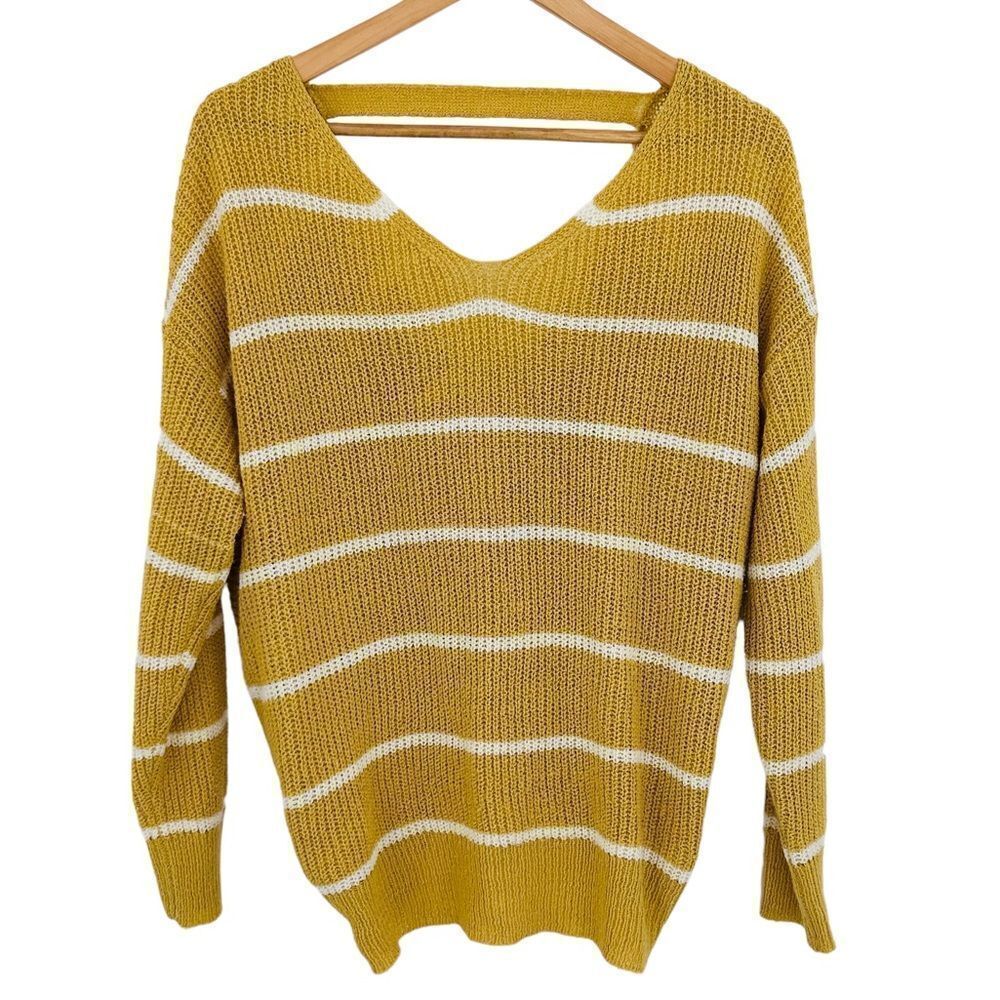 Debut yellow and white stripe knit twist back sweater medium/large